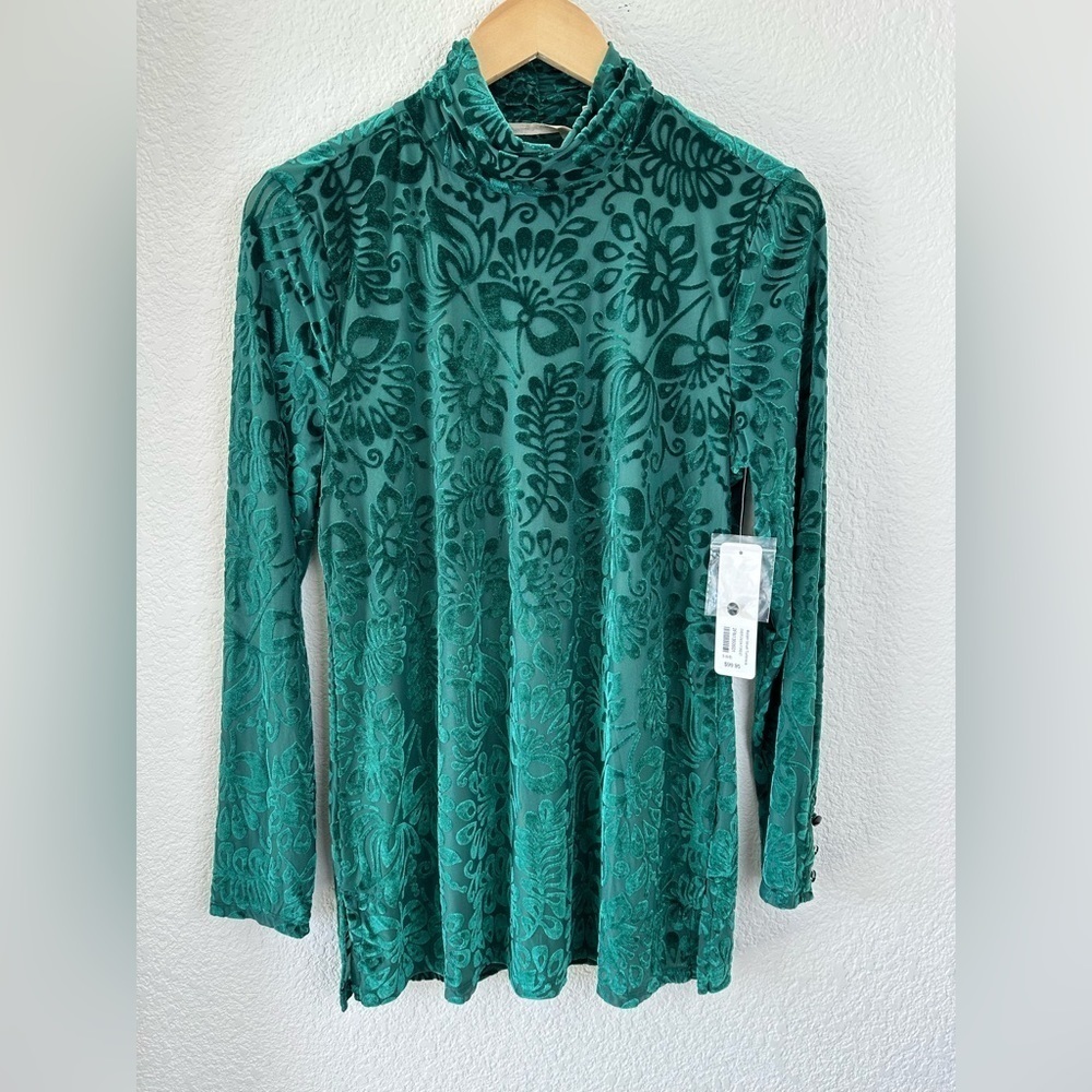 SOFT Surroundings Size Small Velvet Green Turtleneck Long sleeve Top NWT - Picture 1 of 11